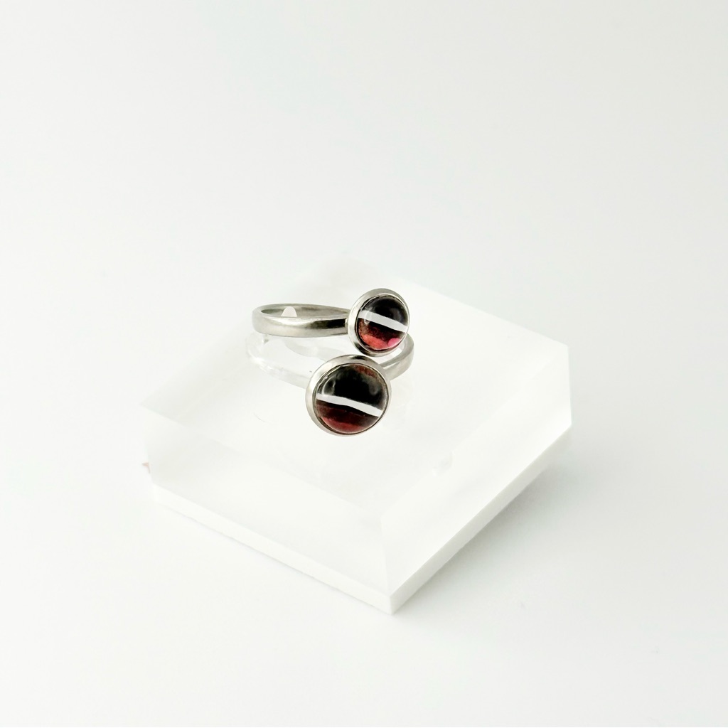 Elegant Silver And Red Poured Painted Bezel With Glass Cabochon